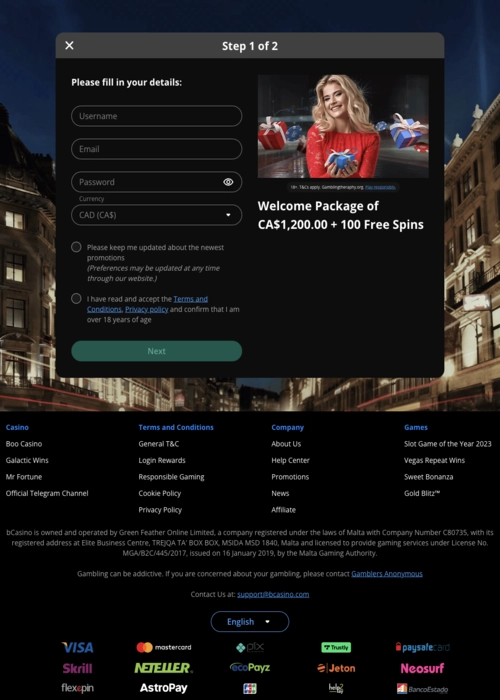 Fast player registration page BCasino